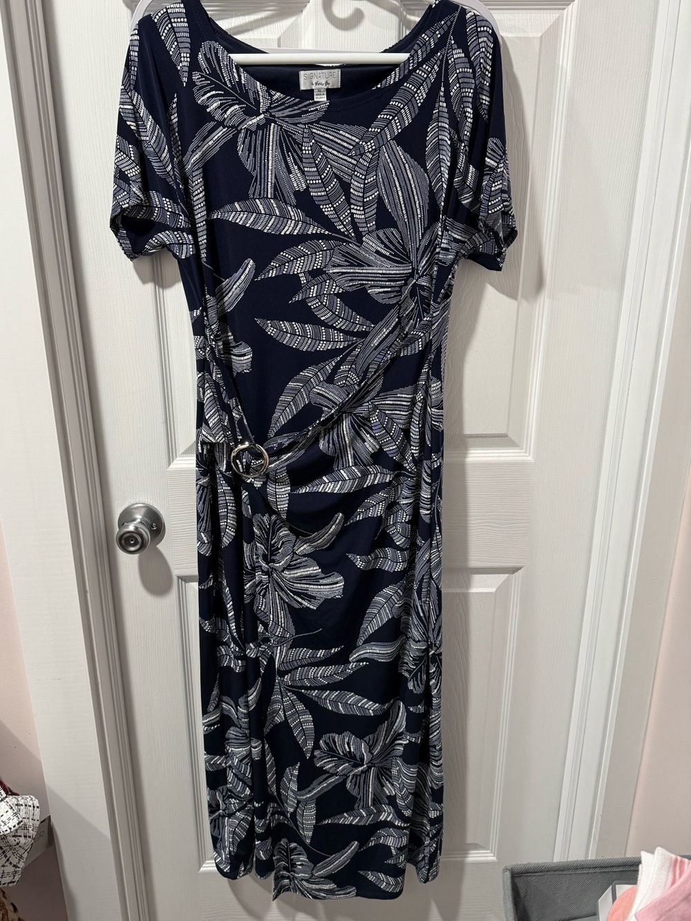 Robbie Bee Navy Blue Tropical Print Midi Dress with Belt